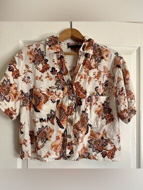 Rachel Roy  Linen Blend Cropped Button Up Blouse Floral Short Sleeve M